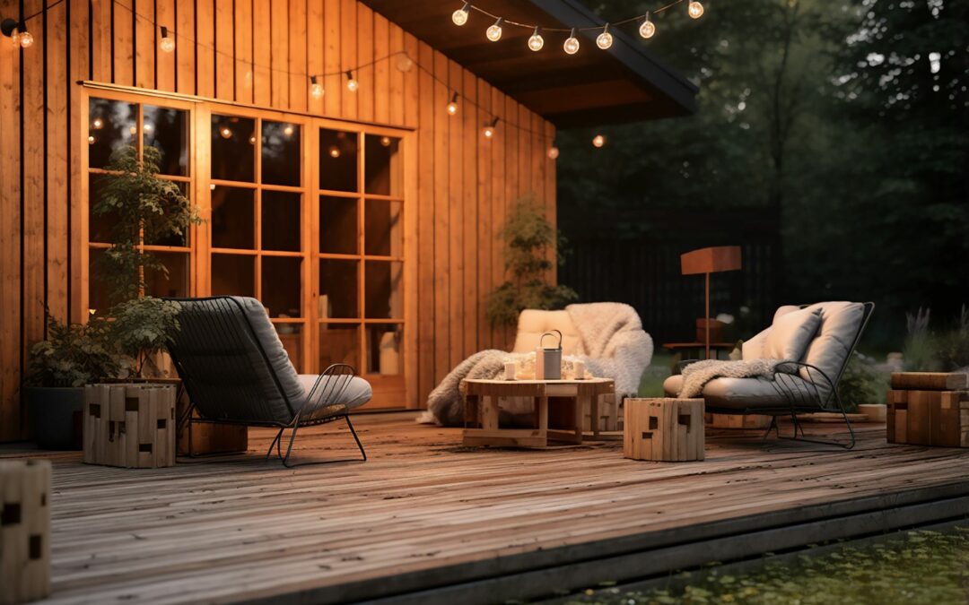 Cozy cabin outdoor entertainment area